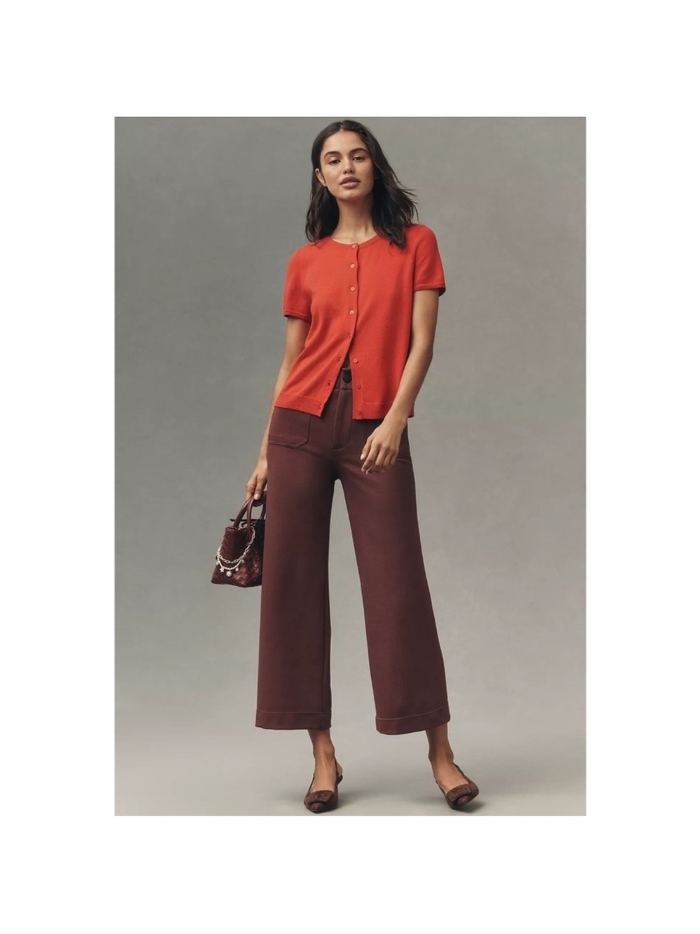 Anthropologie The Colette Knit Crop Wide-Leg Pants Burgundy 26 - Picture 8 of 8